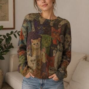 LC Fashion Boutique Grumpy Cat Sweater Women's Size XL Earthy Soft Boxy Casual